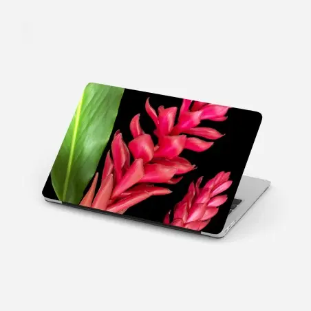 Adesivo per laptop fioritura tropicale rossa su sfondo nero • Wallissimo®
