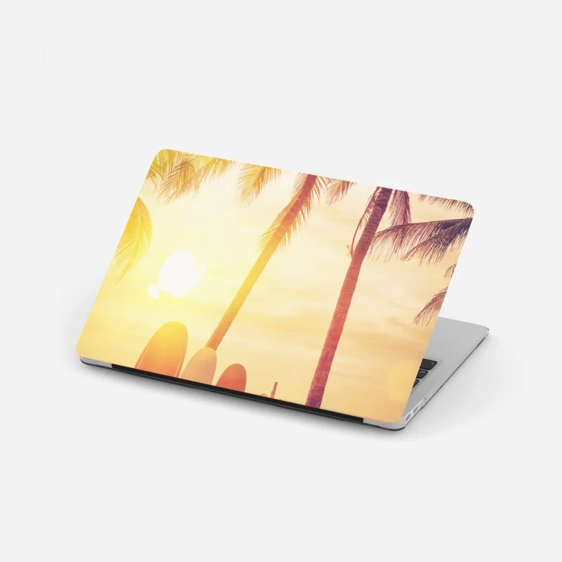 Adesivo per laptop tramonto tropicale con tavole da surf