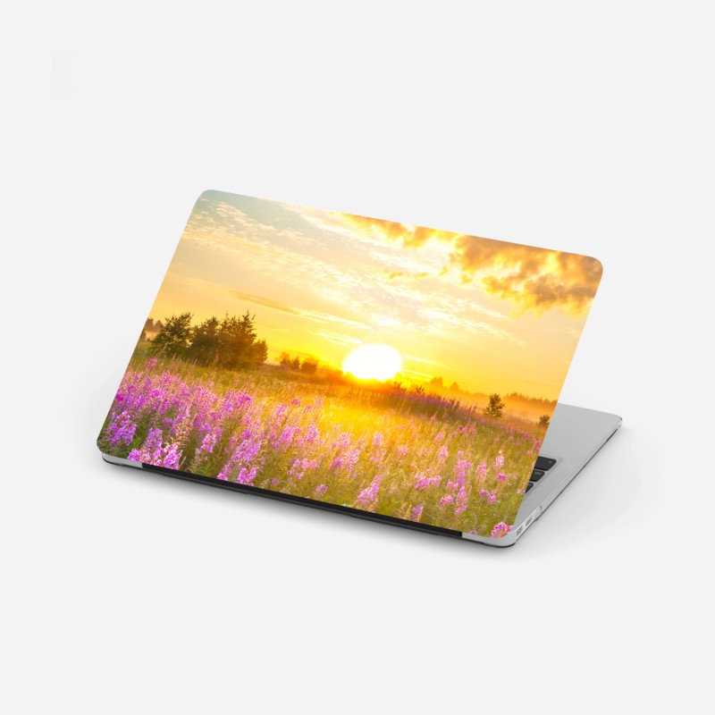 Adesivo per laptop alba dorata sul prato fiorito