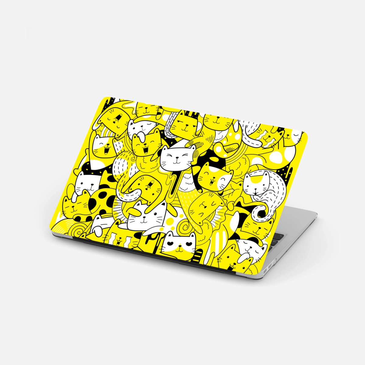 Adesivo per laptop mosaico di gatti giocosi in giallo e nero • Wallissimo®