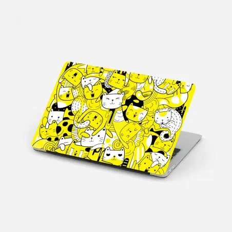 Adesivo per laptop mosaico di gatti giocosi in giallo e nero • Wallissimo®
