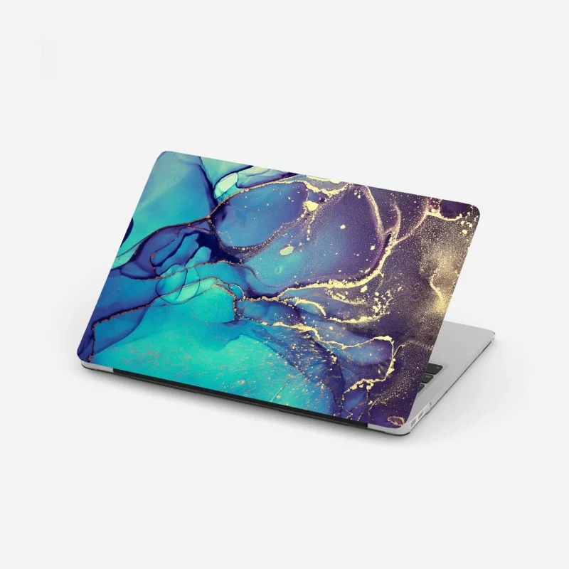 Adesivo per laptop marea turchese: composizione astratta con venature dorate