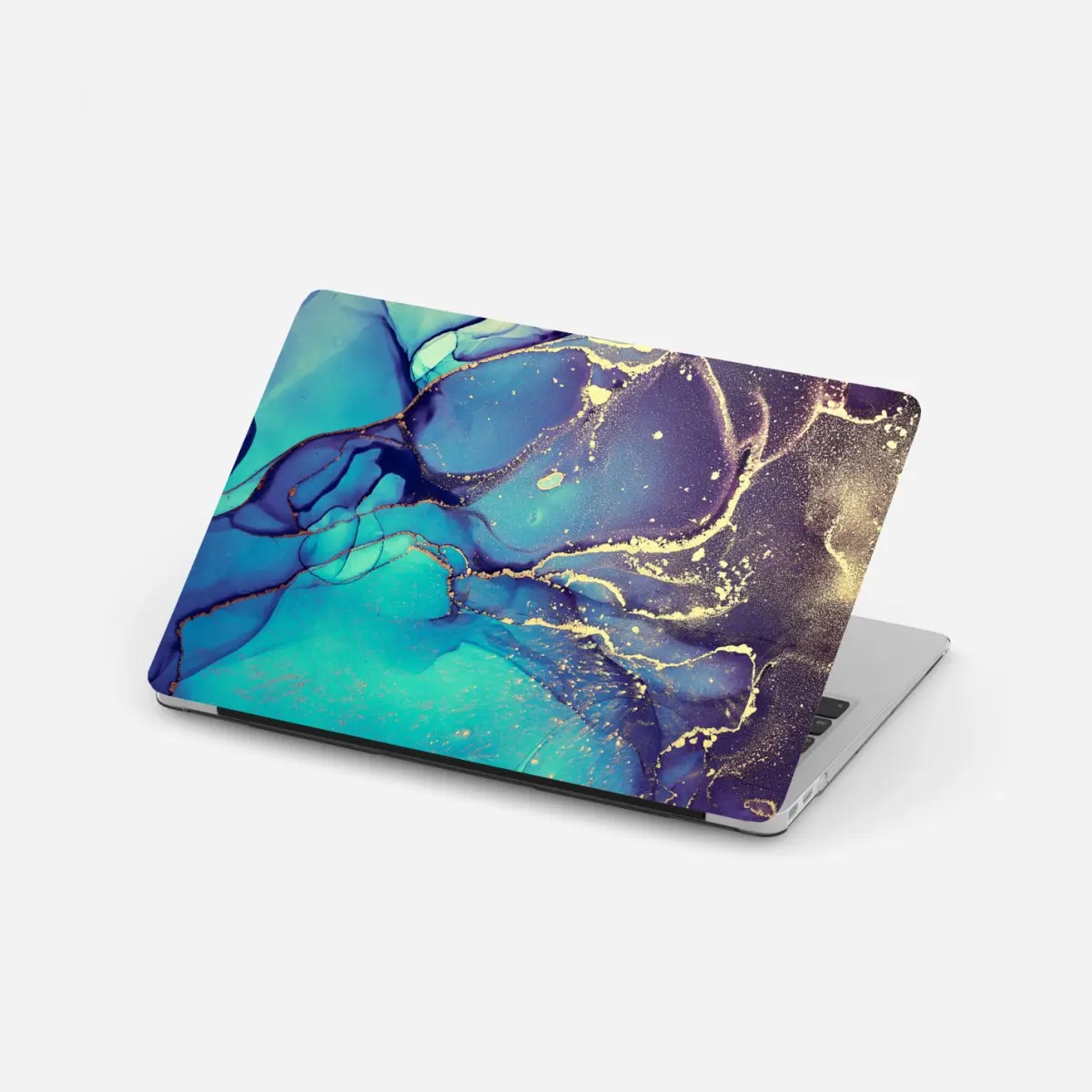 Adesivo per laptop marea turchese: composizione astratta con venature dorate • Wallissimo®