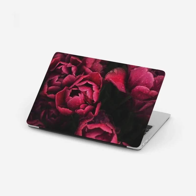 Adesivo per laptop tulipani rubino con gocce di rugiada
