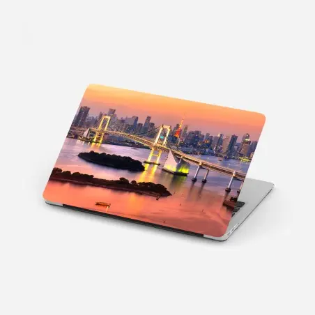 Adesivo per laptop tramonto sullo skyline di Tokyo con Rainbow Bridge e Tokyo Tower • Wallissimo®