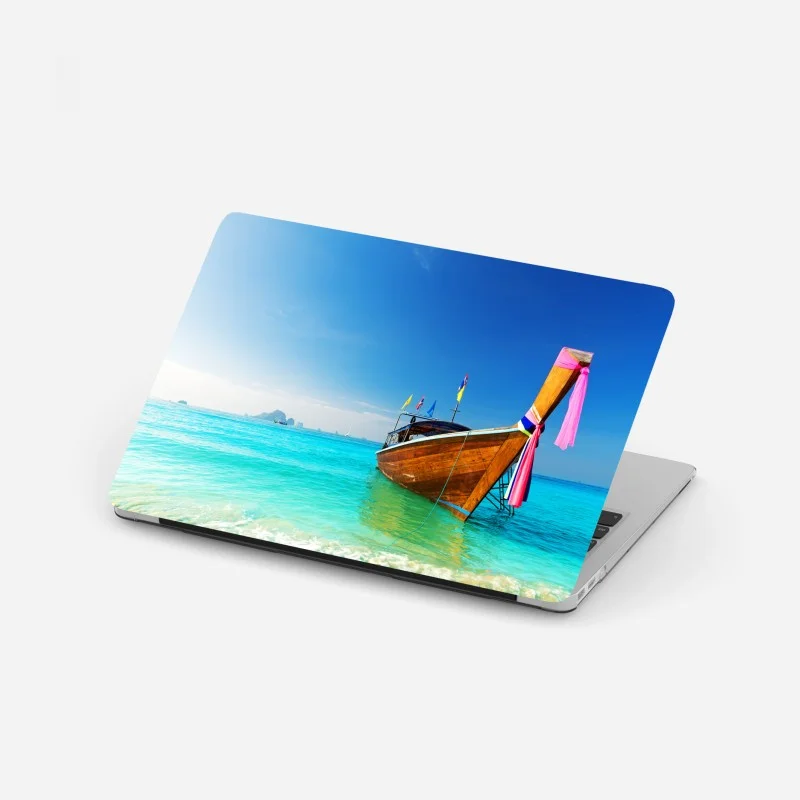 Adesivo per laptop barca tradizionale su spiaggia tropicale, Thailandia