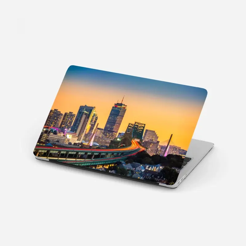 Adesivo per laptop tramonto urbano sulla skyline di Boston con i ponti Zakim e Tobin