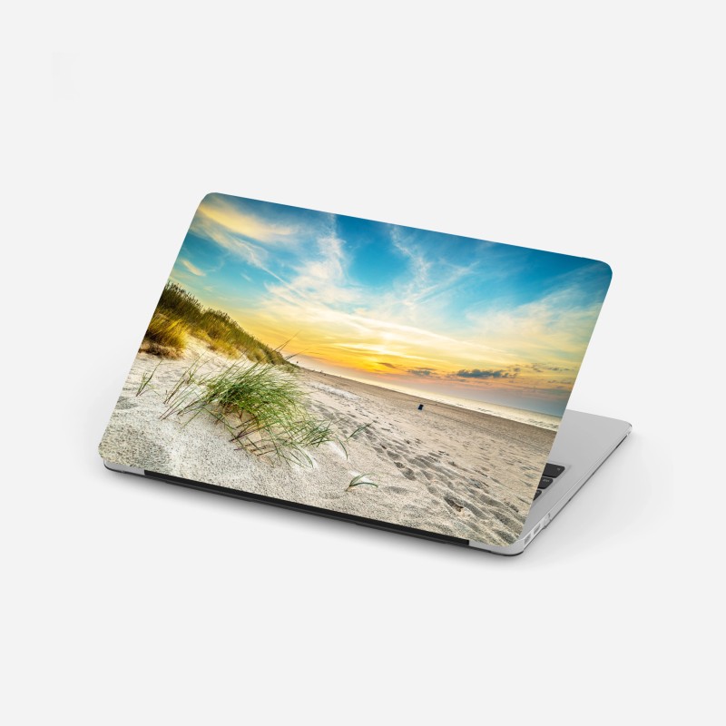 Adesivo per laptop tramonto sulla spiaggia con dune e erba marina