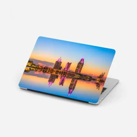 Adesivo per laptop tramonto e riflessi sulla skyline di Mobile • Wallissimo®