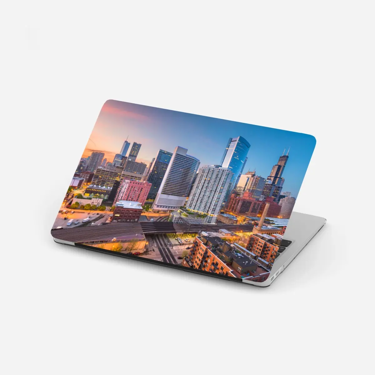 Adesivo per laptop tramonto su Chicago: skyline urbano moderno • Wallissimo®