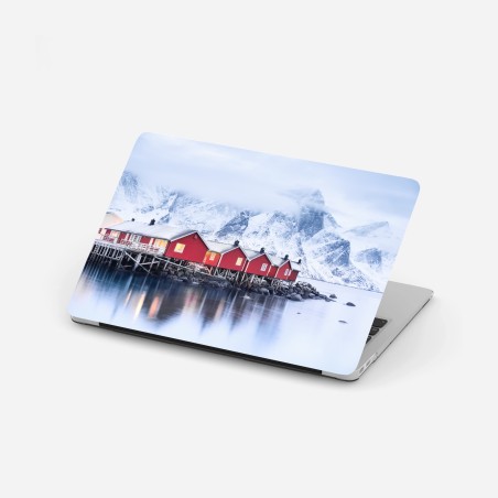 Adesivo per laptop case rosse sul fiordo di Lofoten • Wallissimo®