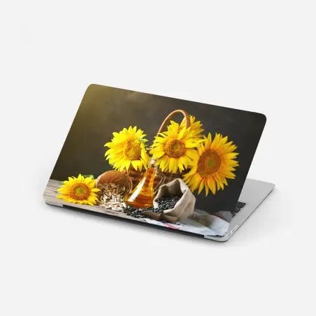 Adesivo per laptop composizione rustica di girasoli e semi • Wallissimo®