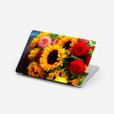 Adesivo per laptop esplosione di girasoli e dalie su sfondo vivace • Wallissimo®