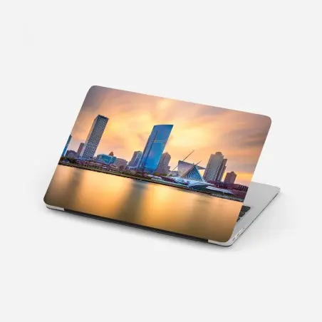 Adesivo per laptop tramonto dorato su Milwaukee, skyline sul Lago Michigan • Wallissimo®