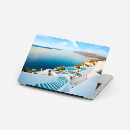 Adesivo per laptop vista panoramica di Santorini con caldera e scalinate • Wallissimo®