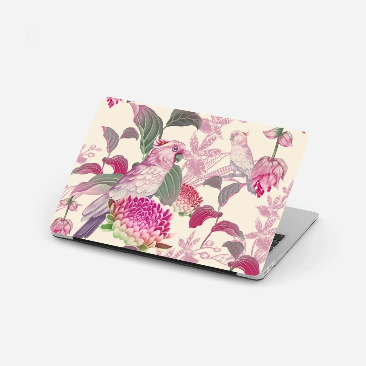 Adesivo per laptop cacatua rosa su motivo botanico elegante • Wallissimo® Adesivo per laptop cacatua rosa su motivo botanico elegante • Wallissimo®