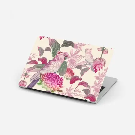 Adesivo per laptop cacatua rosa su motivo botanico elegante • Wallissimo®
