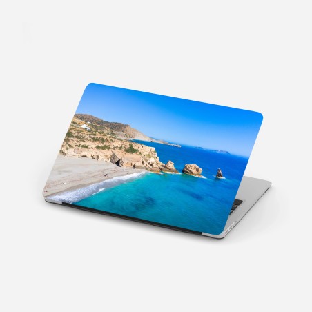 Adesivo per laptop scogliere dorate e mare turchese • Wallissimo®