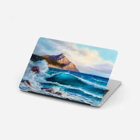 Adesivo per laptop onda turchese sulle scogliere al tramonto • Wallissimo®