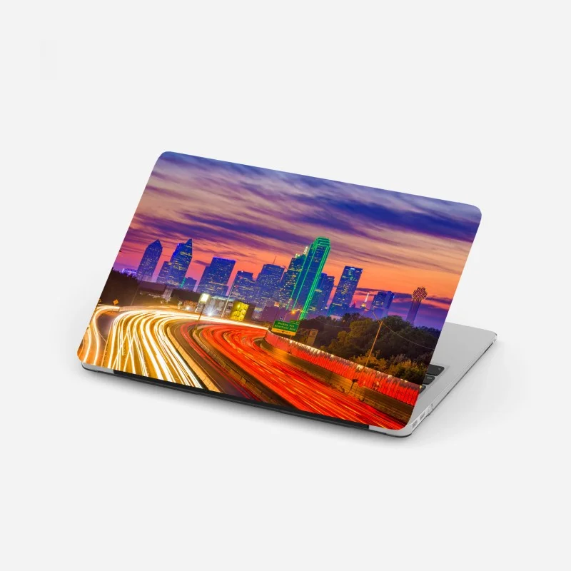 Adesivo per laptop tramonto su Dallas: skyline e scie di luce