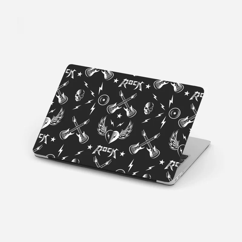 Adesivo per laptop motivo rock bianco e nero con chitarre e teschi