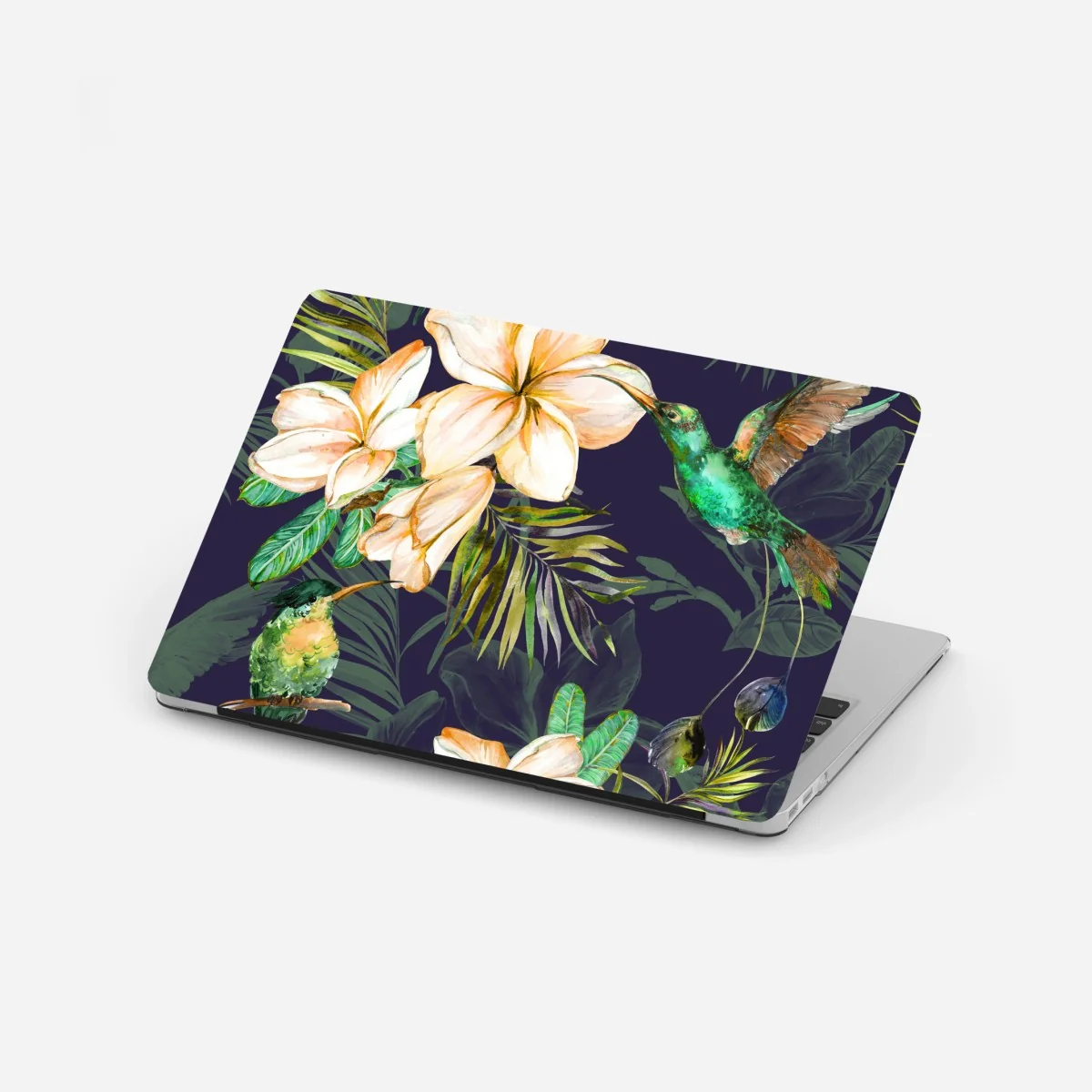 Adesivo per laptop motivo tropicale con colibrì e plumeria su sfondo scuro • Wallissimo® Adesivo per laptop motivo tropicale con colibrì e plumeria su sfondo scuro • Wallissimo®