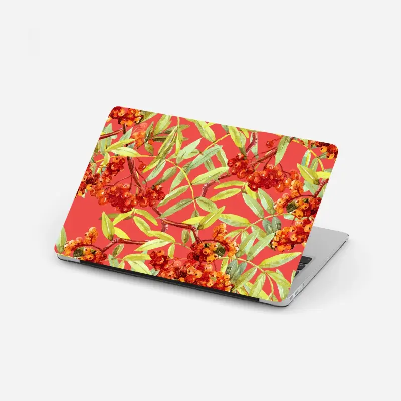 Adesivo per laptop motivo botanico di bacche di sorbo su sfondo corallo