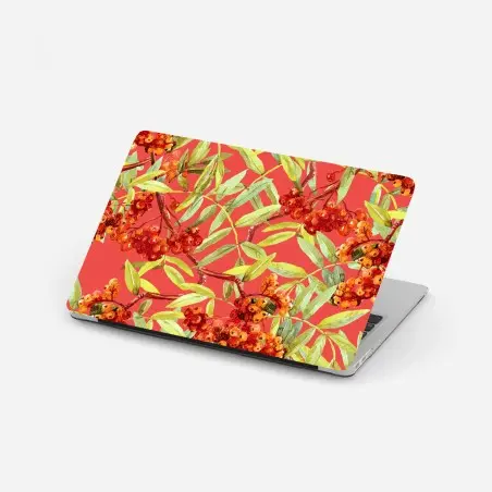 Adesivo per laptop motivo botanico di bacche di sorbo su sfondo corallo • Wallissimo®