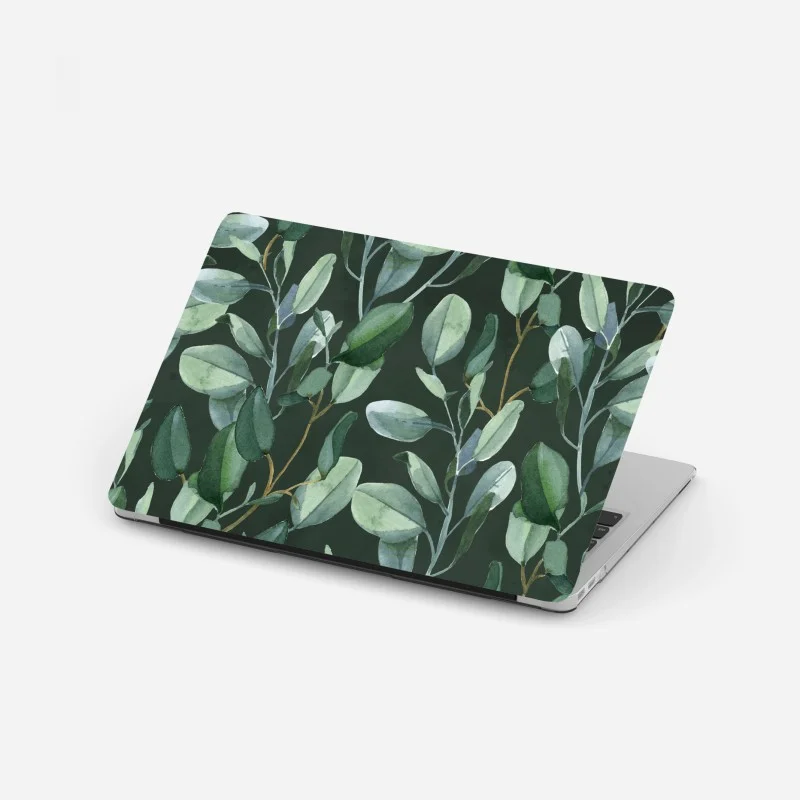 Adesivo per laptop motivo botanico di eucalipto su fondo verde scuro