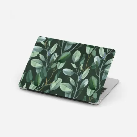 Adesivo per laptop motivo botanico di eucalipto su fondo verde scuro • Wallissimo®