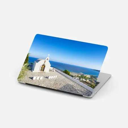 Adesivo per laptop cappella bianca con vista su Faliraki, Rodi • Wallissimo®