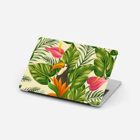 Adesivo per laptop giungla tropicale con tucano e fiori colorati • Wallissimo®