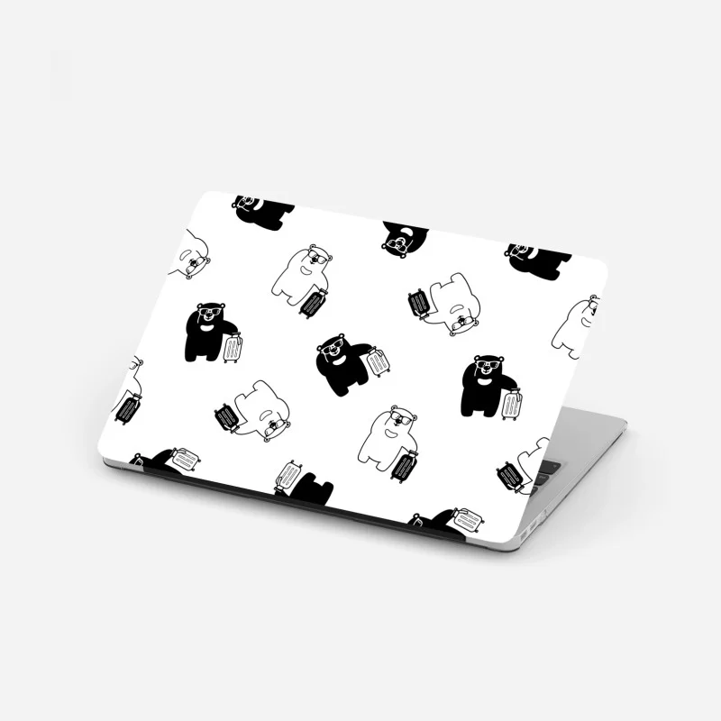 Adesivo per laptop orsetti viaggiatori in pattern minimal in bianco e nero