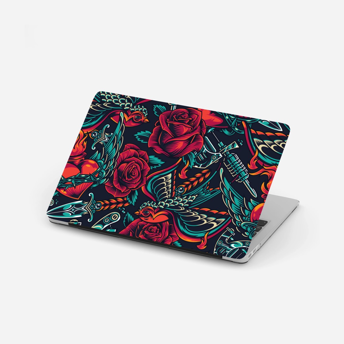 Adesivo per laptop motivo tattoo retrò con rose e rondini • Wallissimo®