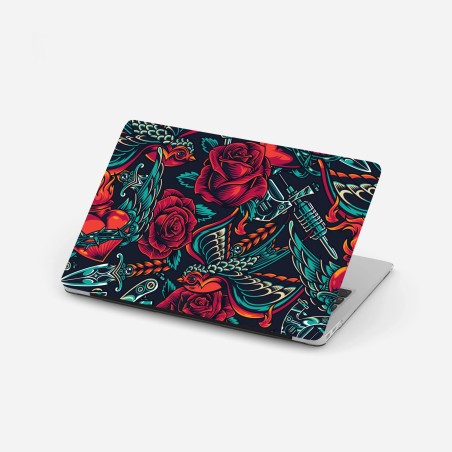 Adesivo per laptop motivo tattoo retrò con rose e rondini • Wallissimo®