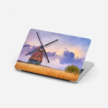 Adesivo per laptop mulino a vento al tramonto su campo di grano • Wallissimo®