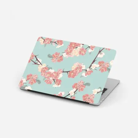 Adesivo per laptop motivo fiorito di ciliegio su sfondo turchese • Wallissimo®