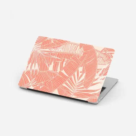Adesivo per laptop motivo di foglie tropicali color corallo • Wallissimo®