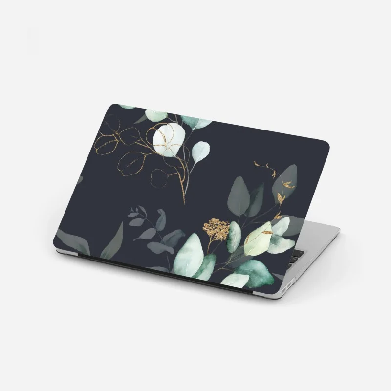 Adesivo per laptop rami di eucalipto con accenti dorati su fondo scuro