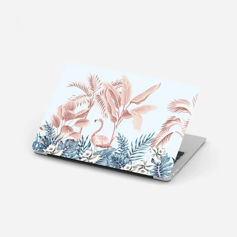 Adesivo per laptop scena tropicale rosa e azzurra con fenicottero