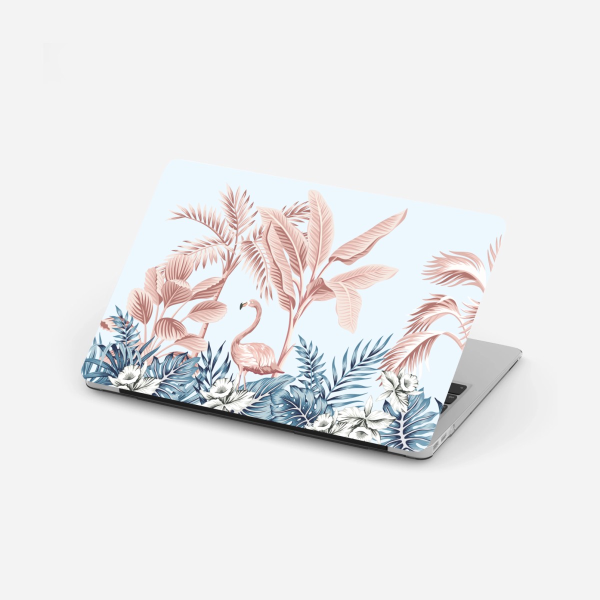 Adesivo per laptop scena tropicale rosa e azzurra con fenicottero • Wallissimo®