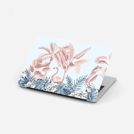 Adesivo per laptop scena tropicale rosa e azzurra con fenicottero • Wallissimo®