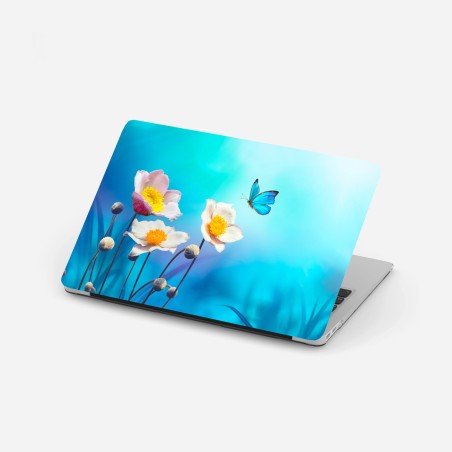 Adesivo per laptop anemoni rosa e farfalla blu su sfondo celeste • Wallissimo®