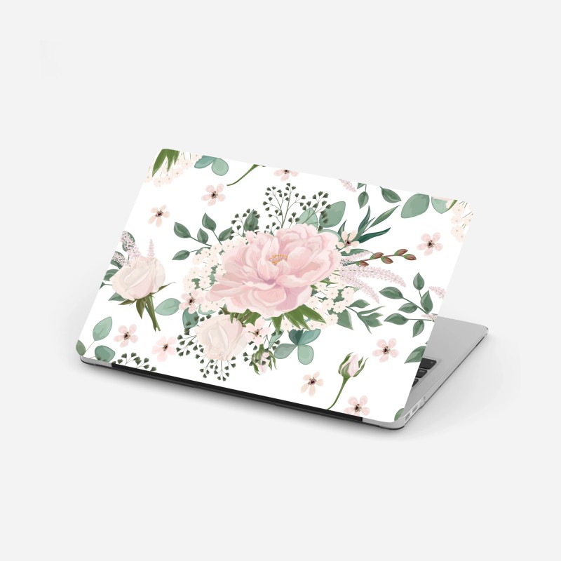 Adesivo per laptop bouquet di peonie rosa su sfondo bianco