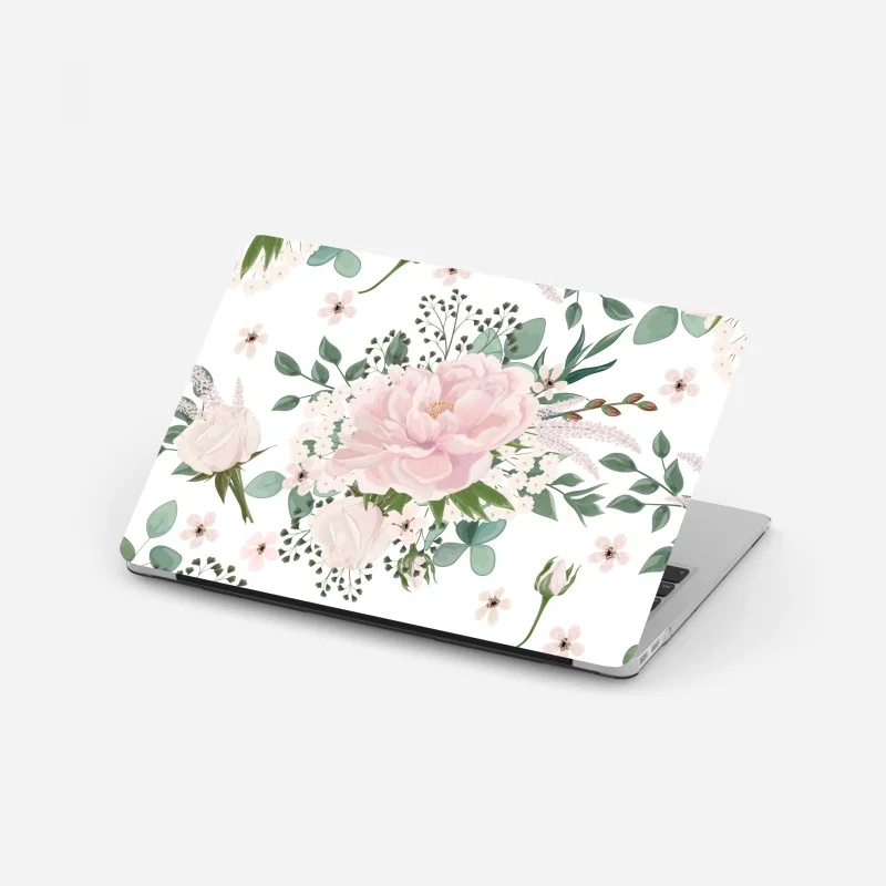Adesivo per laptop bouquet di peonie rosa su sfondo bianco