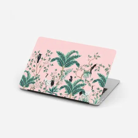 Adesivo per laptop giungla botanica e uccelli su sfondo rosa • Wallissimo®