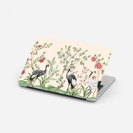 Adesivo per laptop giardino botanico con gru e peonie • Wallissimo®