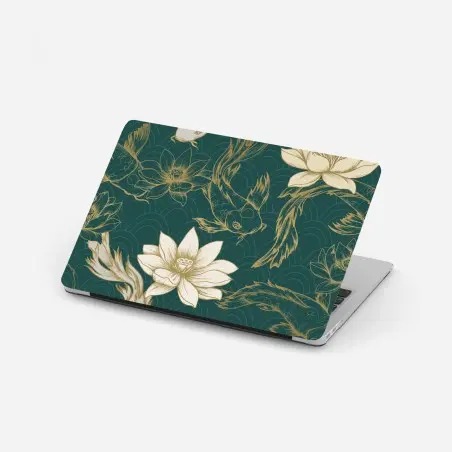 Adesivo per laptop motivo carpe koi e fiori di loto su sfondo verde petrolio • Wallissimo®