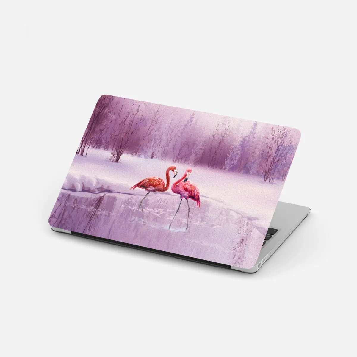 Adesivo per laptop fenicotteri rosa in paesaggio invernale onirico • Wallissimo®