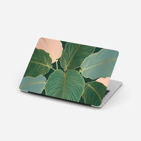 Adesivo per laptop foglie tropicali dorate su sfondo verde • Wallissimo®
